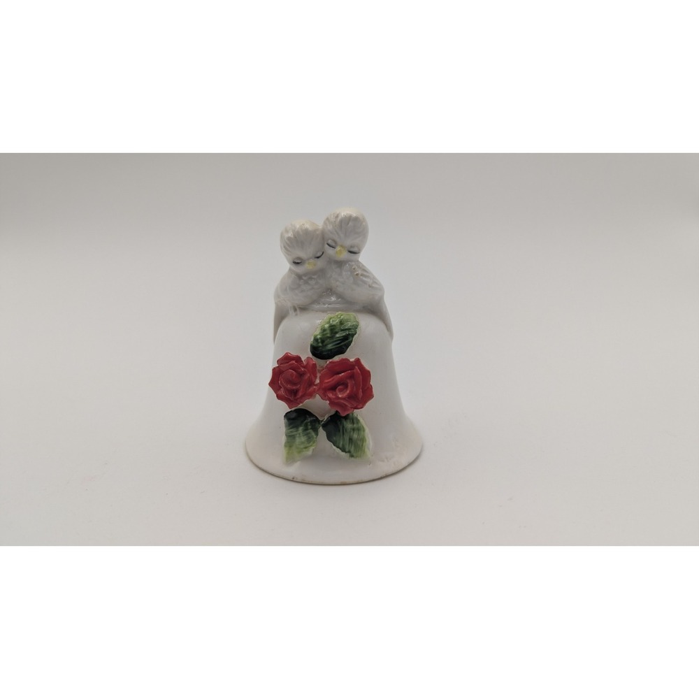 Vintage Enesco Bone China Love Birds Bell Red Roses White Dove Figurine Taiwan
